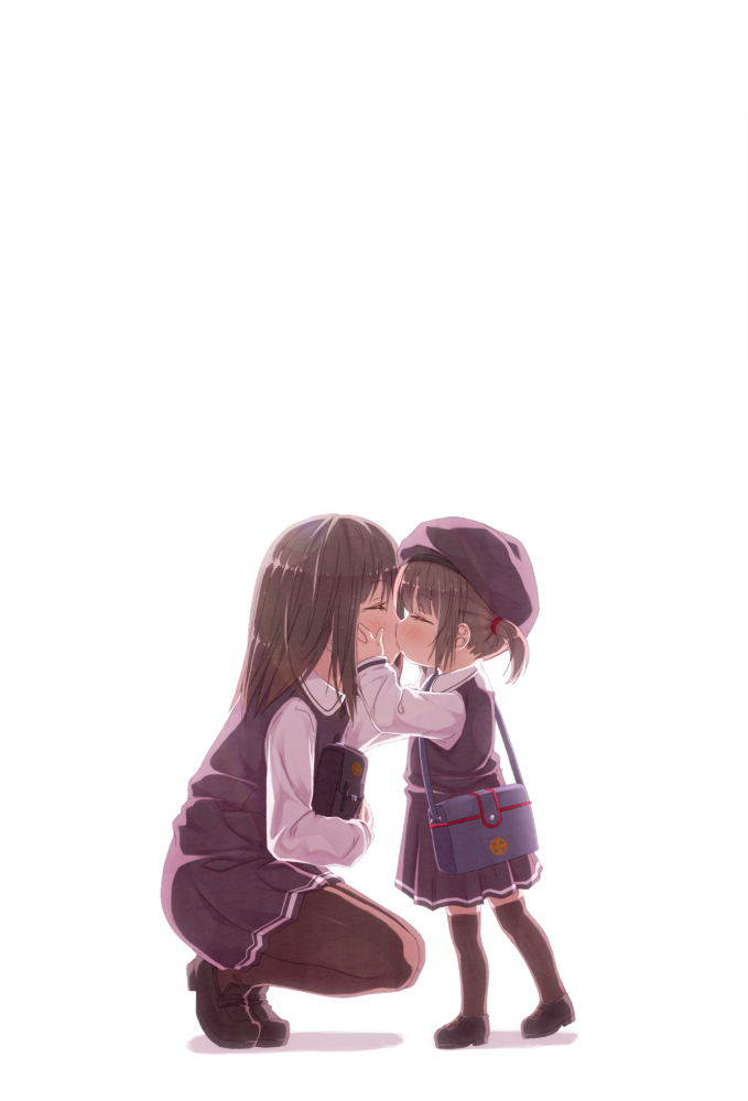 2girls age_difference age_progression bag brown_hair child closed_eyes hands_on_another's_cheeks hands_on_another's_face hat height_difference kago_no_tori kiss long_hair multiple_girls original pantyhose short_hair short_twintails simple_background squatting teenage thigh-highs twintails white_background yuri