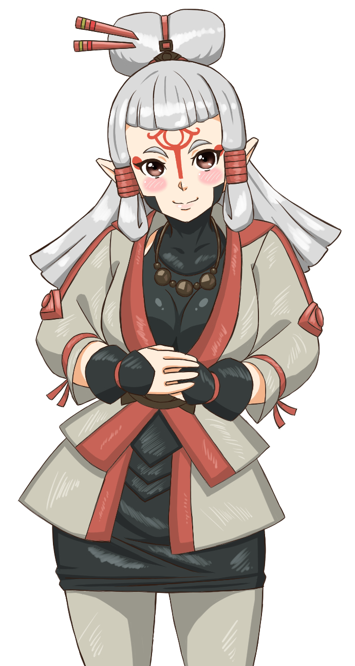 blush blush_stickers breasts brown_eyes coat dress facial_mark fingerless_gloves forehead_tattoo gloves hair_ornament hair_stick hair_tubes highres jewelry leggings long_hair long_sleeves looking_at_viewer necklace paya_(zelda) pointy_ears simple_background sleeveless sleeveless_dress smile the_legend_of_zelda the_legend_of_zelda:_breath_of_the_wild turtleneck white_background white_hair white_legwear yawake