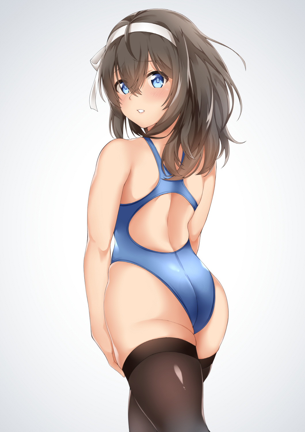 1girl ass black_hair black_legwear blue_eyes blue_swimsuit competition_swimsuit cowboy_shot from_behind hairband highres idolmaster idolmaster_cinderella_girls long_hair looking_at_viewer one-piece_swimsuit parted_lips sagisawa_fumika simple_background solo spicy_moo swimsuit thigh-highs white_background white_hairband