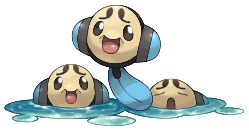 :d black_eyes facing_viewer full_body looking_at_viewer no_humans open_mouth partially_submerged pearl7 pokemon pokemon_(creature) pokemon_(game) pokemon_bw pokemon_bw2 simple_background smile tadpole tongue tympole water white_background