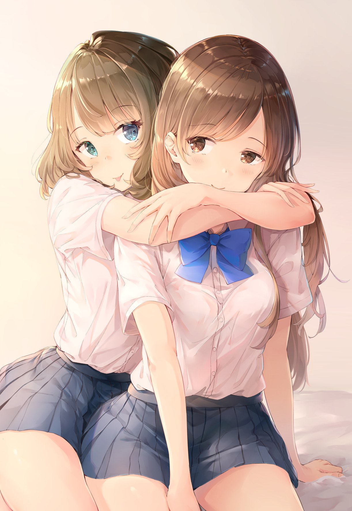 2girls :p aqua_eyes arm_support arms_around_neck bangs bare_legs bare_shoulders bed black_skirt blue_bow blue_eyes blush bow bowtie brown_eyes brown_hair closed_mouth collared_shirt couple female heterochromia highres hug hug_from_behind idolmaster idolmaster_cinderella_girls legs long_hair looking_at_another matching_hair/eyes mole mole_under_eye multiple_girls nitta_minami on_bed pleated_skirt school_uniform shiny shiny_hair shirt short_hair sitting skirt smile somalisu swept_bangs takagaki_kaede tongue tongue_out white_shirt yuri