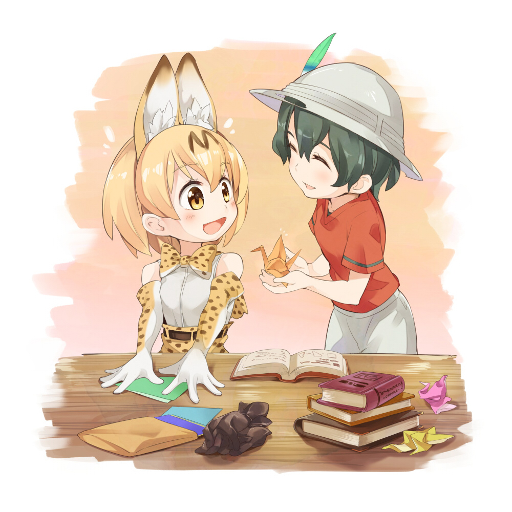 2girls :d ^_^ animal_ears asu_tora bare_shoulders blonde_hair book book_stack bow bowtie bucket_hat closed_eyes commentary elbow_gloves eyebrows_visible_through_hair gloves green_hair hat hat_feather high-waist_skirt kaban_(kemono_friends) kemono_friends looking_at_another multiple_girls open_book open_mouth origami print_bow print_gloves print_skirt red_shirt serval_(kemono_friends) serval_ears serval_print shirt short_hair skirt sleeveless sleeveless_shirt smile table white_shirt yellow_eyes