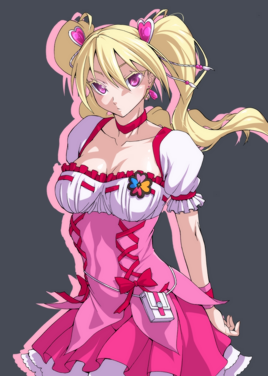 1girl arms_behind_back bag black_background blonde_hair breasts choker cleavage closed_mouth collarbone cure_peach dirndl dress earrings female floating_hair fresh_precure! frilled_dress frilled_skirt frills hair_between_eyes hair_ornament heart heart_earrings heart_hair_ornament highres jewelry large_breasts long_hair looking_at_viewer magical_girl momozono_love neck ozaneko pink_dress pink_eyes pink_skirt precure puffy_short_sleeves puffy_sleeves red_choker serious short_sleeves simple_background skirt solo standing twintails wristband