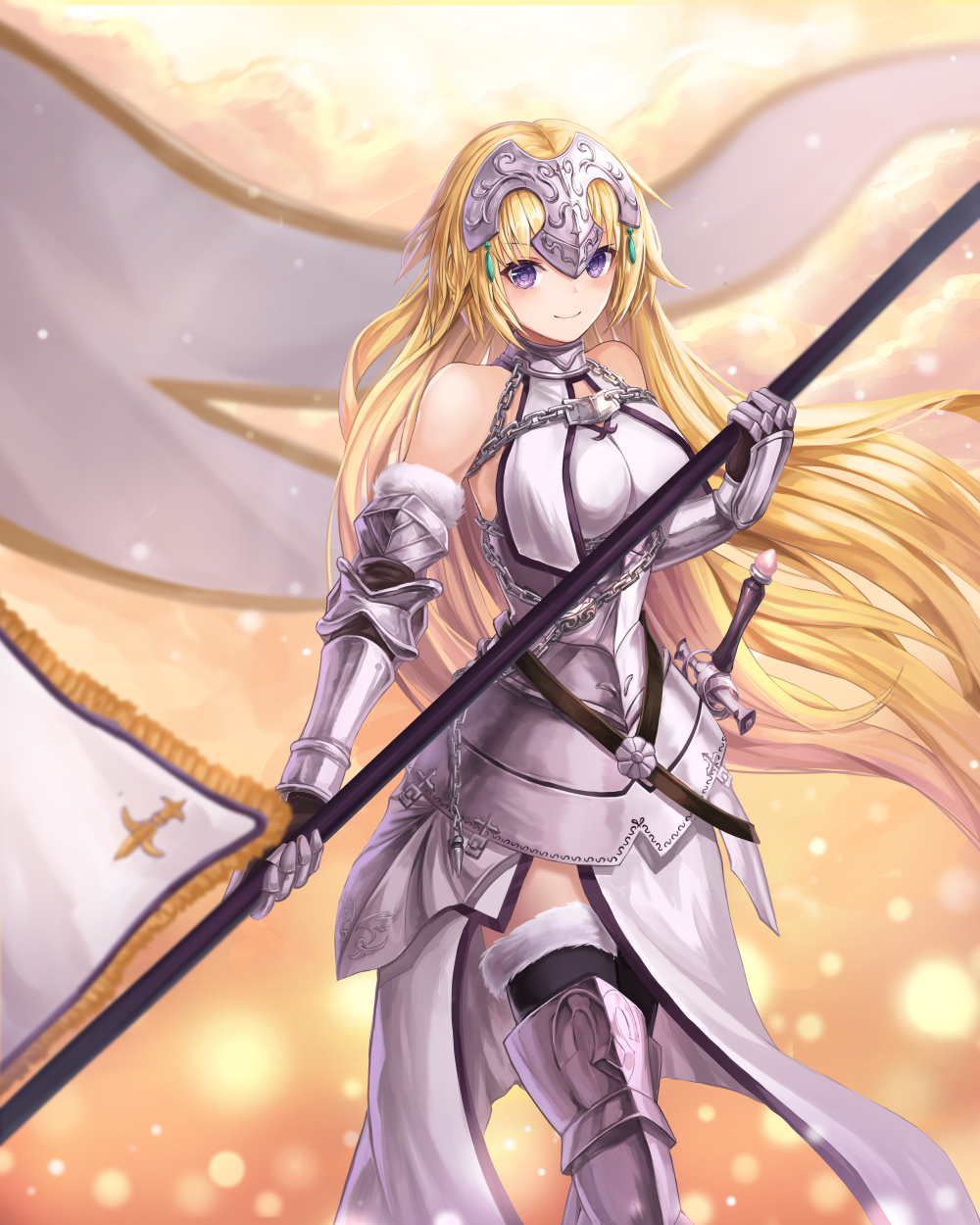 &gt;:) 1girl armor armored_boots armored_dress bangs bare_shoulders black_legwear blonde_hair blush boots breasts chains closed_mouth cowboy_shot fate/grand_order fate_(series) faulds flag gauntlets headpiece highres long_hair looking_at_viewer lunacle medium_breasts ruler_(fate/apocrypha) smile solo sword thigh-highs thigh_boots thighhighs_under_boots very_long_hair violet_eyes weapon