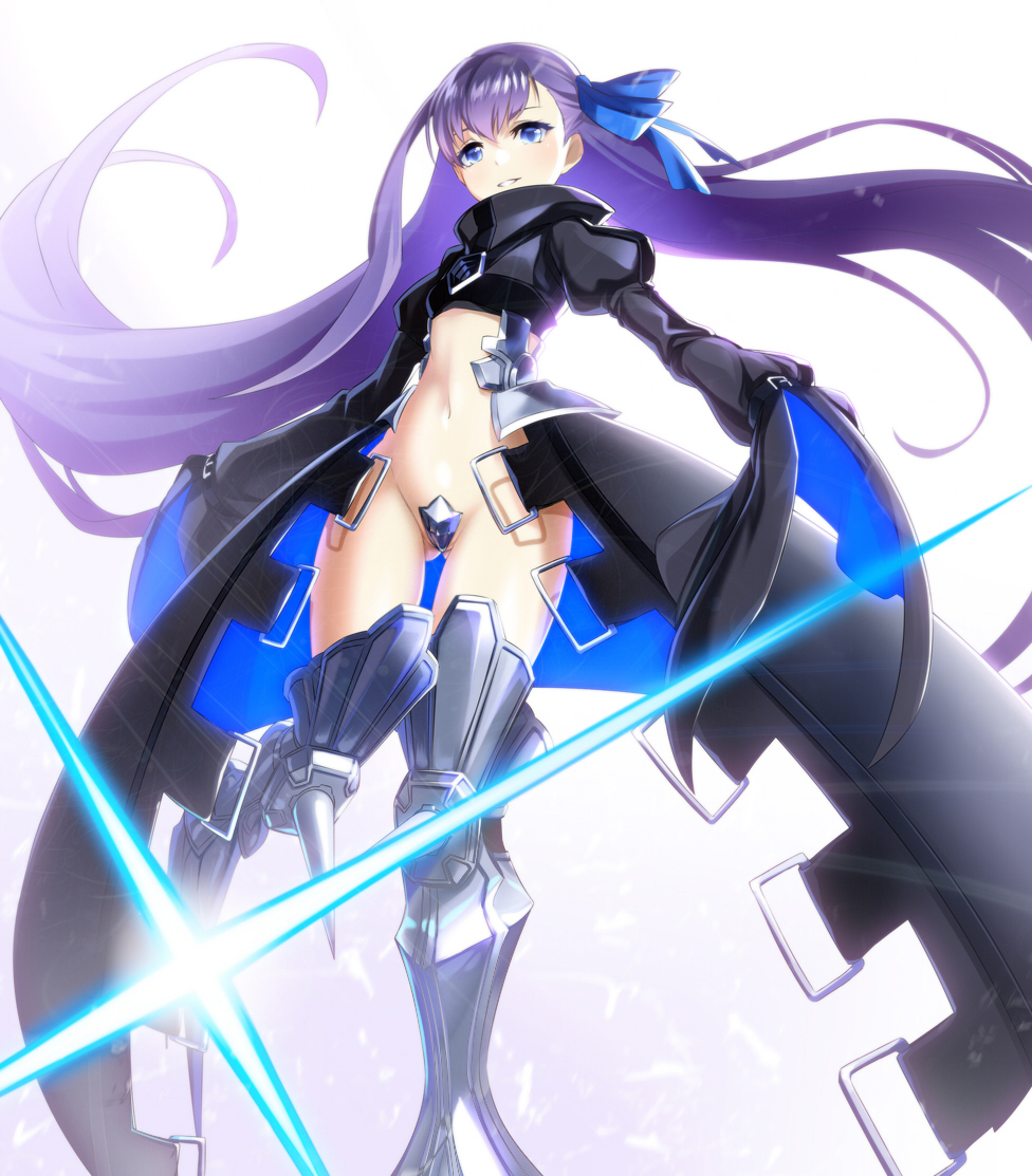 1girl blue_eyes crotch_plate fate/extra fate/extra_ccc fate_(series) gluteal_fold greaves grin kurobuchi_numama long_hair looking_at_viewer meltlilith navel purple_hair revealing_clothes sleeves_past_wrists smile solo very_long_hair