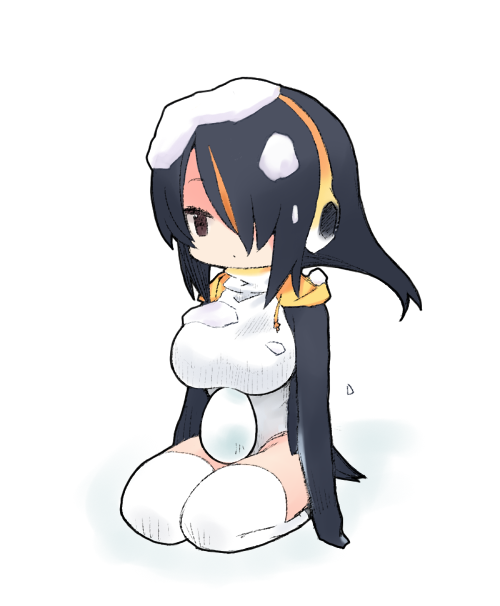 1girl :| arms_at_sides bangs bird_tail black_hair black_jacket black_outline breasts brown_eyes closed_mouth drawstrings egg emperor_penguin_(kemono_friends) expressionless eyelashes full_body hair_over_one_eye headphones hood hood_down hooded_jacket jacket kemono_friends large_breasts leotard long_hair long_sleeves looking_away moru_(monaka) multicolored_hair no_nose on_head open_clothes open_jacket orange_hair outline penguin_tail seiza simple_background sitting snow snow_on_head swept_bangs tail thigh-highs tsurime turtleneck two-tone_hair white_background white_legwear white_leotard