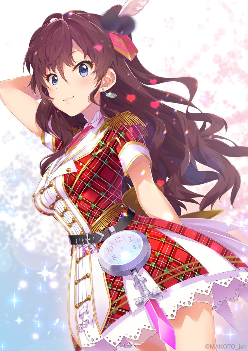 1girl across_the_stars arm_up bangs belt blue_eyes blush breasts brown_hair clock commentary_request dress earrings epaulettes feathers hair_feathers hair_ornament hand_in_hair heart highres ichinose_shiki idolmaster idolmaster_cinderella_girls idolmaster_cinderella_girls_starlight_stage jewelry lace long_hair looking_at_viewer looking_to_the_side medium_breasts mizuki_makoto plaid plaid_dress pleated_dress short_sleeves smile solo sparkle thighs twitter_username wavy_hair
