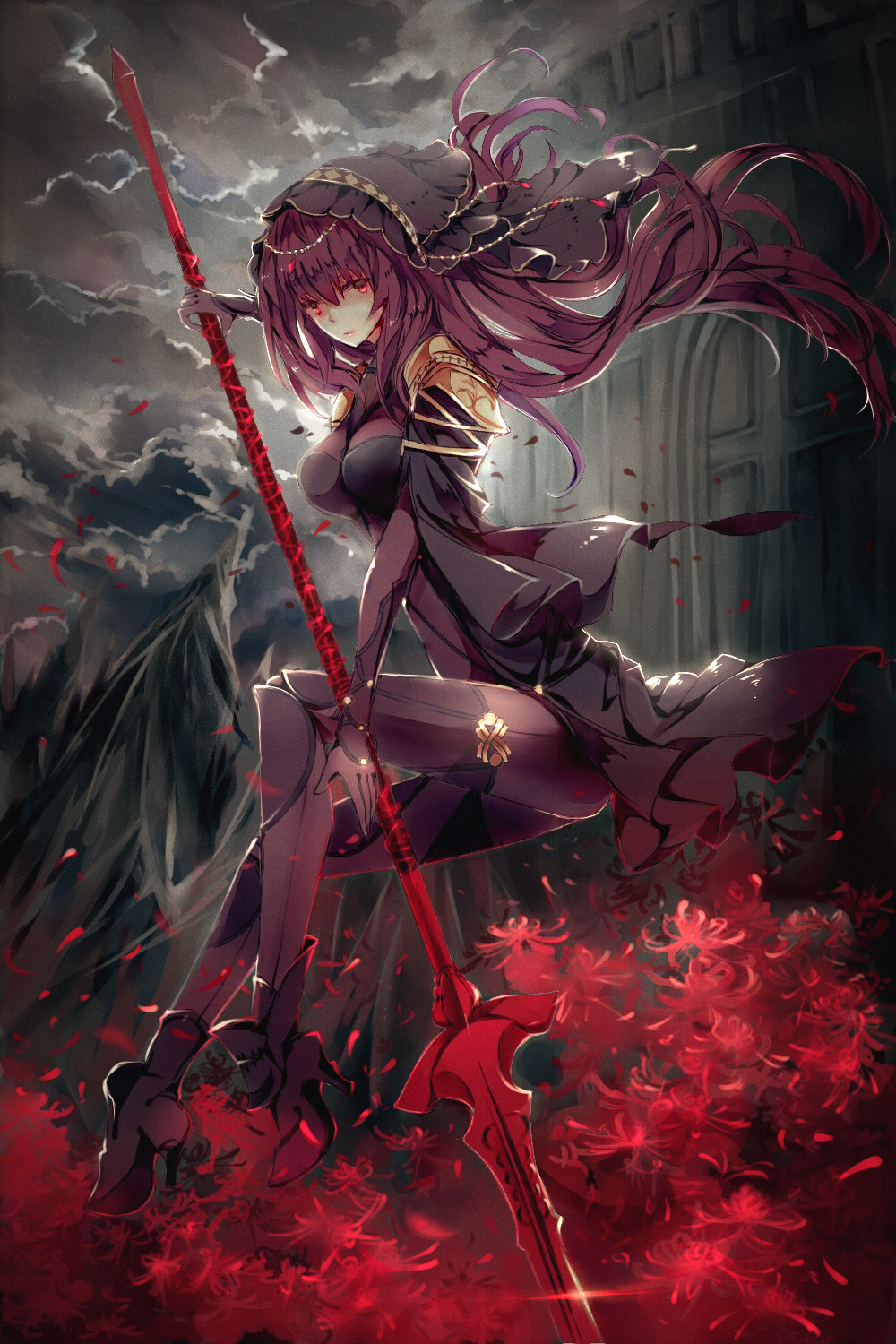 1girl bangs bodysuit breasts closed_mouth covered_navel fate/grand_order fate_(series) floating_hair flower from_side full_body gae_bolg high_heels highres holding holding_weapon large_breasts long_hair looking_at_viewer looking_to_the_side pauldrons polearm purple_bodysuit purple_hair red_eyes scathach_(fate/grand_order) solo spear spider_lily tanzhujiuyue veil very_long_hair weapon
