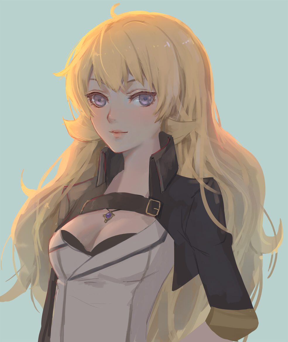1girl blonde_hair breasts cleavage long_hair looking_at_viewer medium_breasts rwby simple_background smile solo upper_body violet_eyes yang_xiao_long zyl