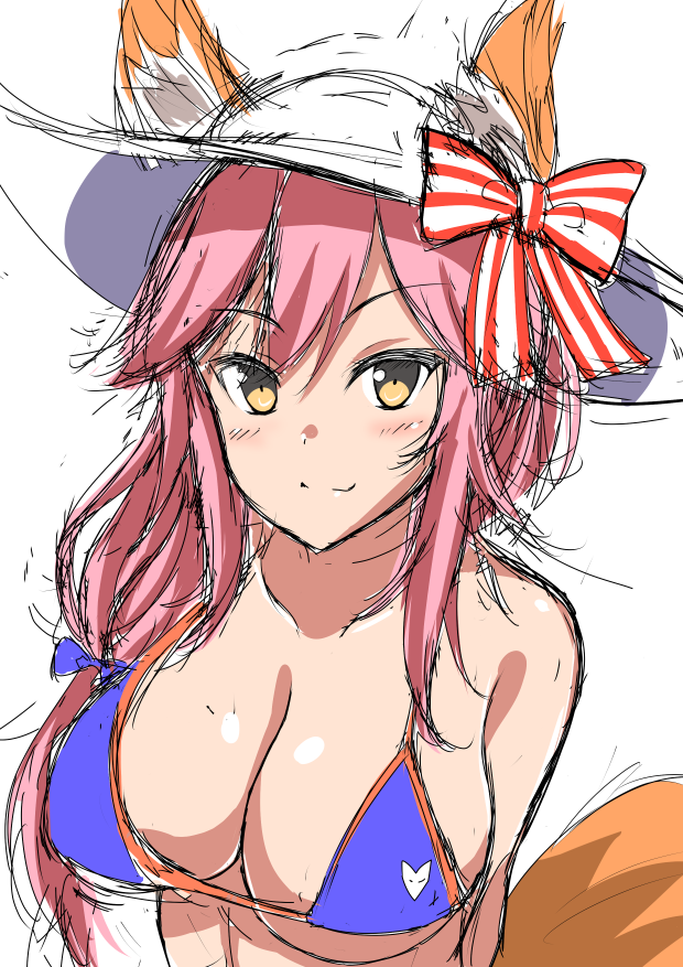 1girl animal_ears arms_behind_back bare_shoulders bikini bikini_top blue_bikini blue_bikini_top blue_bow blush bow breasts brown_eyes cleavage collarbone commentary_request eyebrows_visible_through_hair fate/extra fate/extra_ccc fate_(series) fox_ears fox_tail hair_bow hat hat_bow large_breasts long_hair low-tied_long_hair pink_hair simple_background sketch solo striped striped_bow sun_hat swimsuit tail tamamo_(fate)_(all) tamamo_no_mae_(swimsuit_lancer)_(fate) tsurime upper_body white_background white_hat wonawo