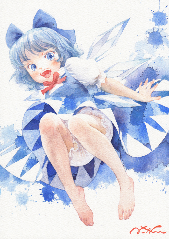 1girl :d barefoot bloomers blouse blue_dress blue_eyes blue_hair blue_ribbon blush bow cirno dress dress_shirt fairy_wings feet graphite_(medium) hair_bow happy ice ice_wings legs misawa_hiroshi open_mouth puffy_short_sleeves puffy_sleeves ribbon shirt short_hair short_sleeves smile solo texture toes touhou traditional_media underwear watercolor_(medium) white_blouse white_shirt wings