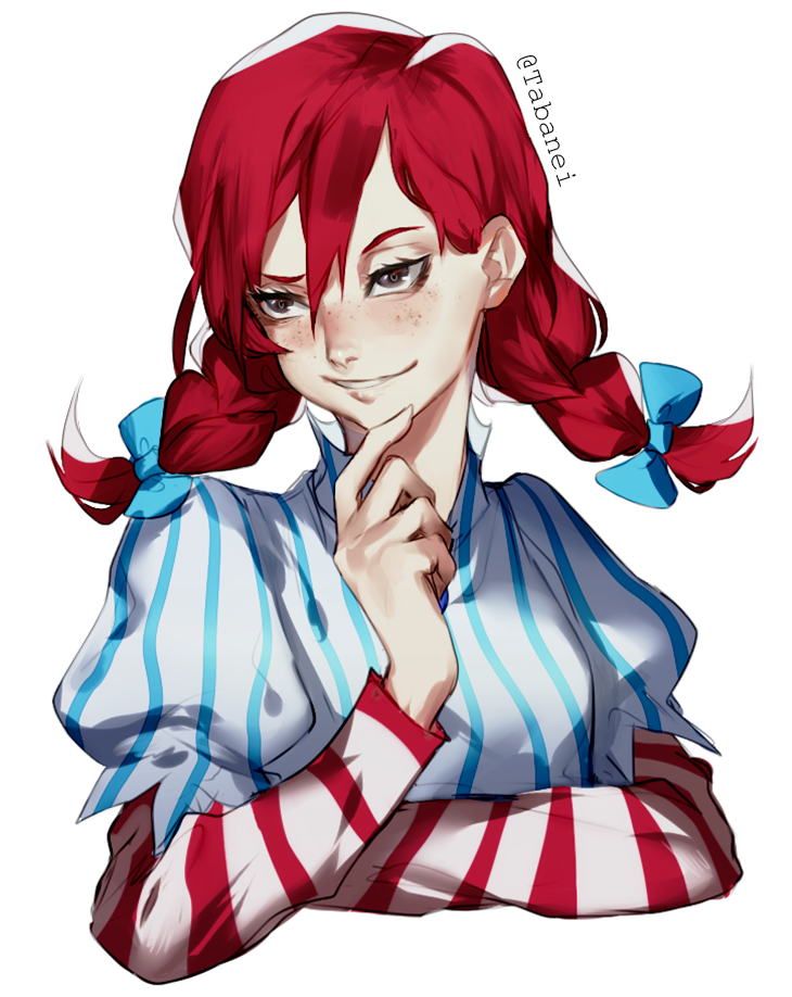 1girl blue_bow bow braid crossed_arms dress finger_to_chin freckles pinstripe_pattern redhead simple_background smile smirk smug solo striped taba-fumi twin_braids upper_body wendy's wendy_(wendy's) white_background