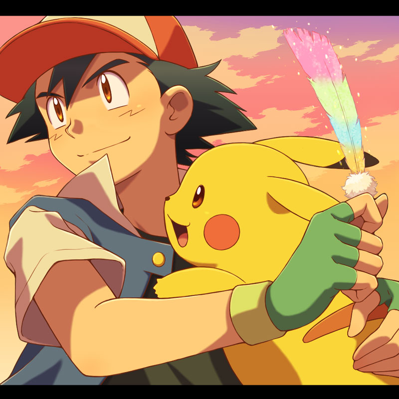 1boy black_hair cyaneko feathers gloves hat pikachu pokemon pokemon_(anime) satoshi_(pokemon) smile