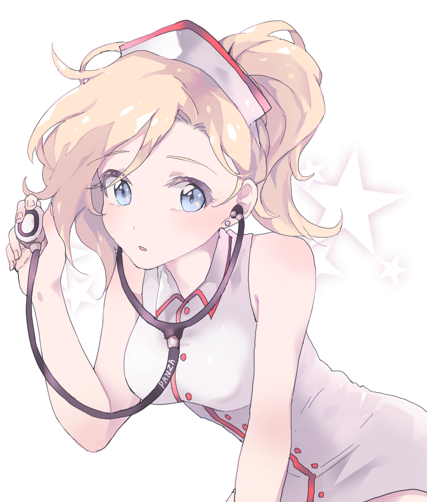 1girl :o artist_name bare_shoulders blonde_hair blue_eyes breasts buttons dress earrings eyebrows eyebrows_visible_through_hair hand_up hat jewelry looking_at_viewer medium_breasts mercy_(overwatch) nurse nurse_cap open_mouth overwatch panza ponytail short_hair sleeveless sleeveless_dress solo star starry_background stethoscope stud_earrings upper_body wing_collar