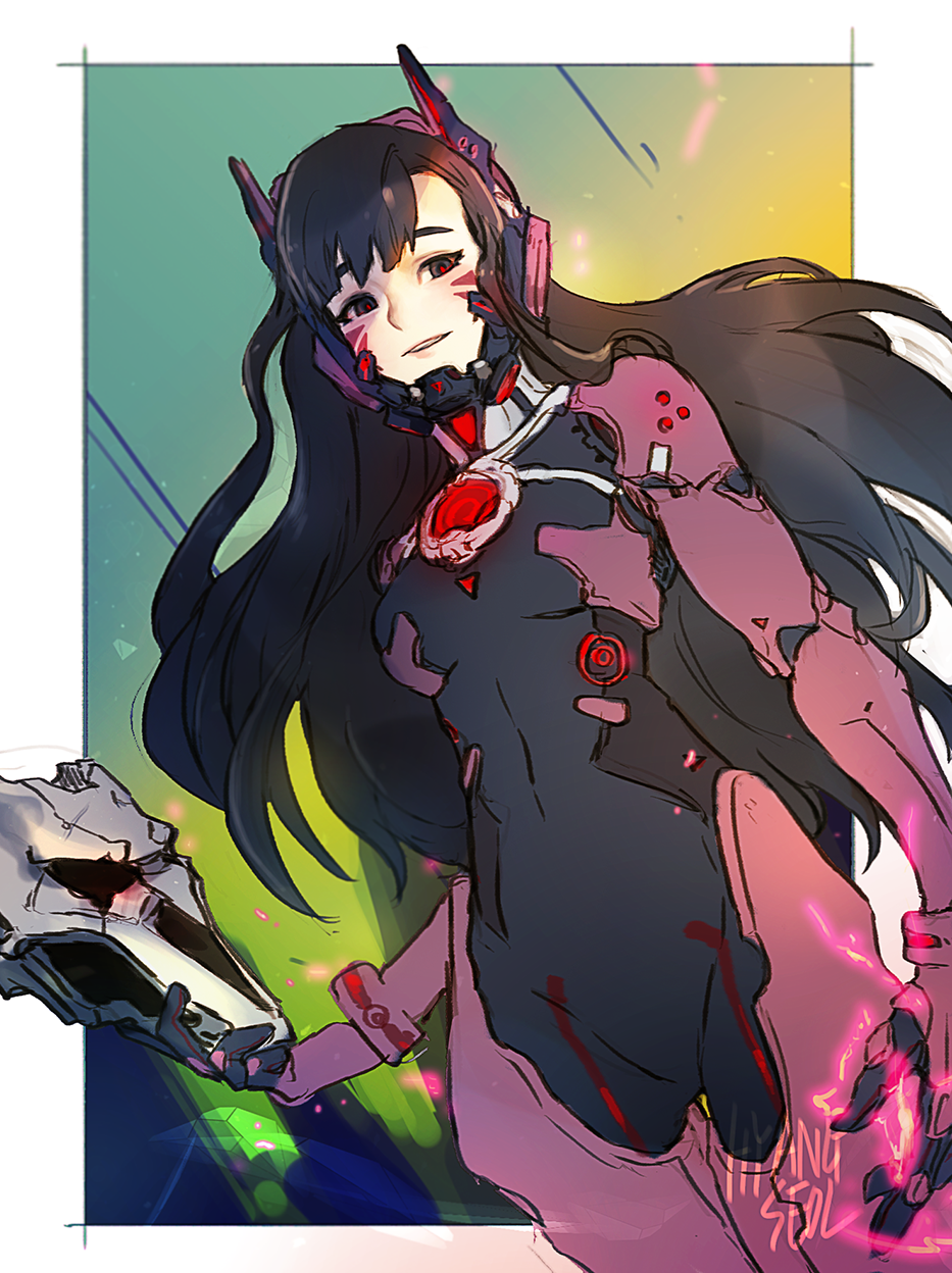 1girl alternate_color armor artist_name bangs black_hair bodysuit bracer breasts brown_eyes covered_navel cowboy_shot d.va_(overwatch) facepaint facial_mark from_below gloves glowing glowing_eyes headphones high_collar highres holding holding_mask leeis_cool long_hair looking_at_viewer mask overwatch parted_lips pauldrons pilot_suit purple_gloves red_eyes ribbed_bodysuit shoulder_pads skull_mask small_breasts solo thigh_gap turtleneck whisker_markings