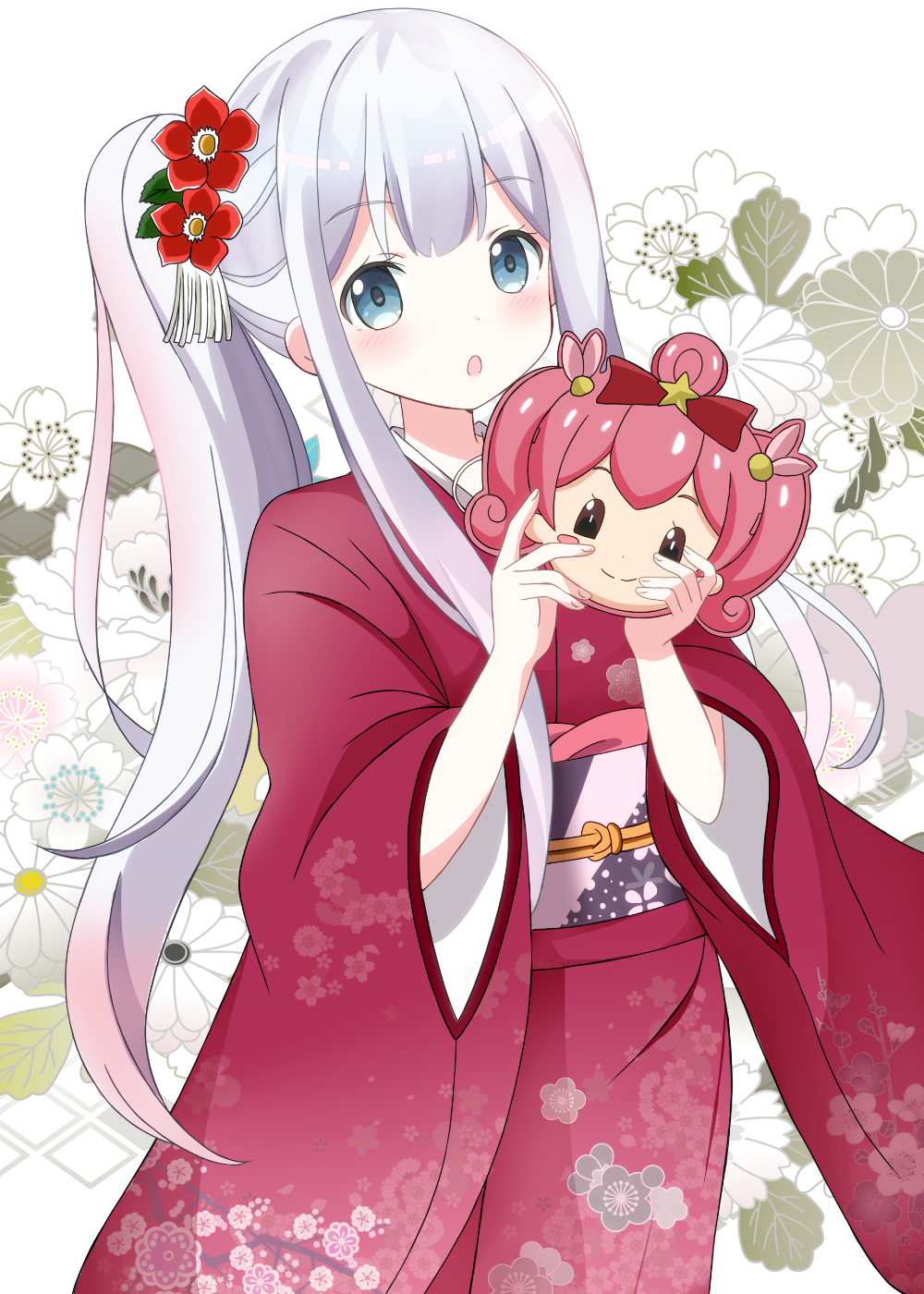 1girl :o alternate_costume alternate_hairstyle bangs blue_eyes blunt_bangs blush_stickers commentary_request eromanga_sensei eyebrows_visible_through_hair floral_print flower gradient_hair hair_flower hair_ornament half_updo head_tilt heart heart-shaped_pupils highres holding holding_mask izumi_sagiri japanese_clothes kimono long_sleeves looking_at_viewer mask meruru_(oreimo) multicolored_hair open_mouth ore_no_imouto_ga_konna_ni_kawaii_wake_ga_nai pink_hair ponytail red_kimono ryoutan sash shiny shiny_hair sidelocks silver_hair solo symbol-shaped_pupils tareme upper_body wide_sleeves