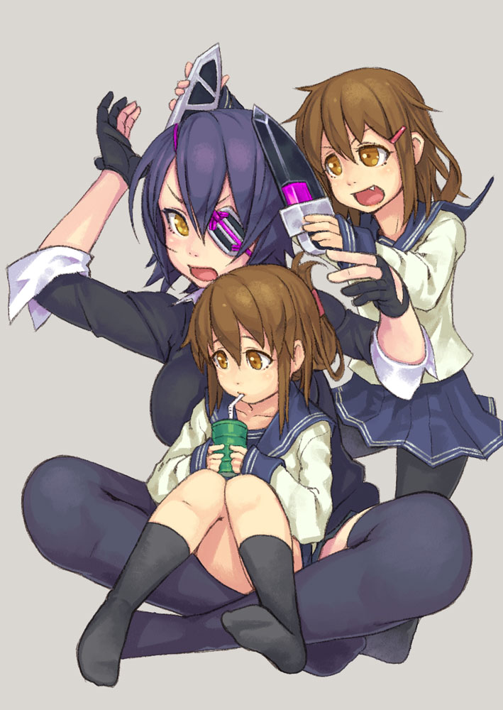 3girls black_legwear brown_eyes brown_hair commentary_request drinking eyepatch fang fingerless_gloves folded_ponytail gloves grey_background headgear ikazuchi_(kantai_collection) inazuma_(kantai_collection) indian_style kantai_collection kneehighs multiple_girls no_shoes open_mouth pantyhose purple_hair school_uniform serafuku short_hair simple_background sitting sitting_on_lap sitting_on_person skirt tenryuu_(kantai_collection) thigh-highs yellow_eyes yuuji_(and)