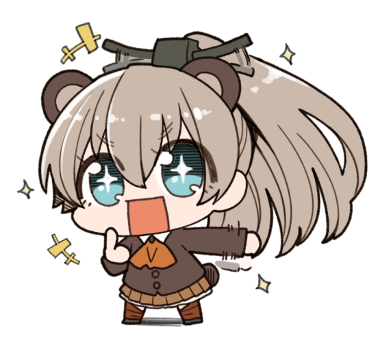 +_+ 1girl animal_ears bear_ears blue_eyes brown_hair chibi hanauna kantai_collection kumano_(kantai_collection) pleated_skirt ponytail simple_background skirt solo sparkle square_mouth white_background