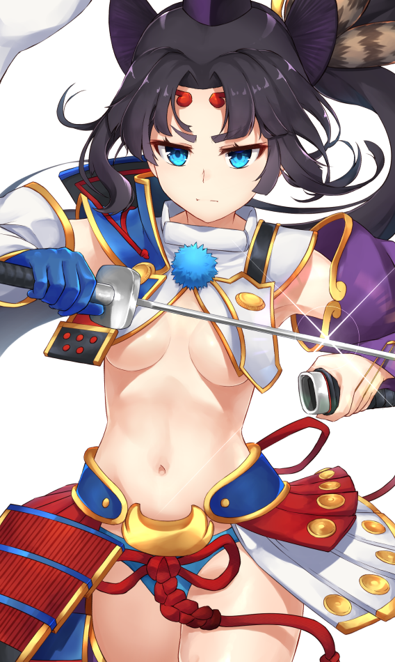 1girl armor armpit_peek armpits asymmetrical_hair black_gloves black_hair blue_eyes breasts detached_sleeves fate/grand_order fate_(series) gloves katana long_hair medium_breasts midriff navel p!nta ponytail revealing_clothes revision serious sheath sheathed side_ponytail simple_background solo stomach sword tied_hair under_boob ushiwakamaru_(fate/grand_order) very_long_hair weapon white_background