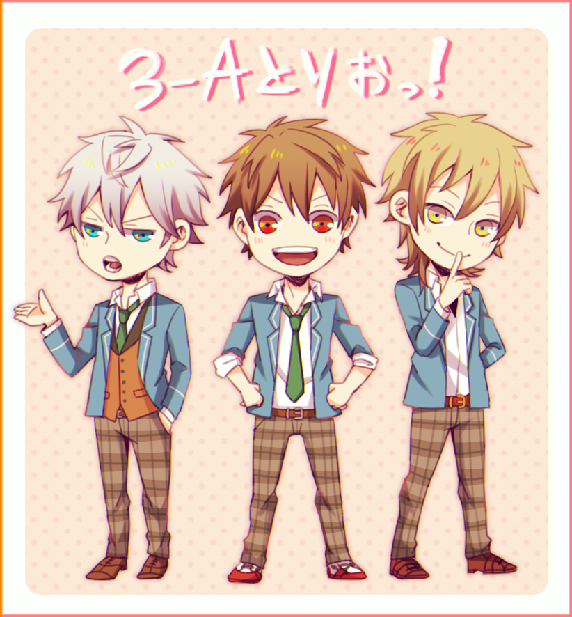 3boys blazer blonde_hair brown_hair chibi ensemble_stars! hakaze_kaoru jacket long_hair male_focus morisawa_chiaki multiple_boys necktie pants plaid plaid_pants school_uniform sena_izumi_(ensemble_stars!) short_hair silver_hair smile