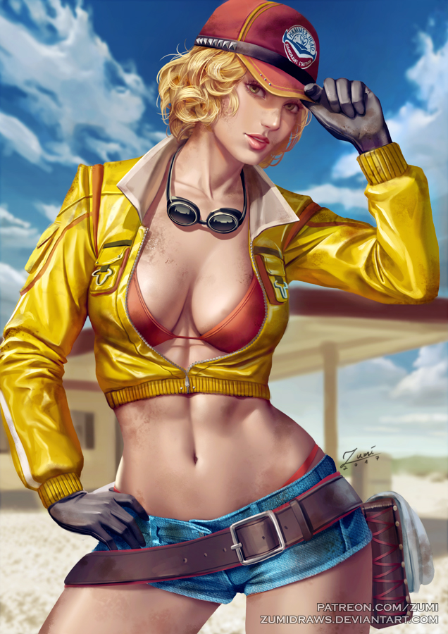 1girl adjusting_clothes adjusting_hat banned_artist belt bikini blonde_hair cidney_aurum clouds collarbone contrapposto day deviantart_username dirty final_fantasy final_fantasy_xv gloves goggles green_eyes hand_on_hip hat jacket lips midriff navel outdoors parted_lips patreon patreon_username pouch sky solo swimsuit unipped unzipped wavy_hair zumi_(zumidraws)