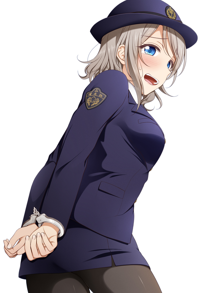 1girl arms_behind_back bdsm black_legwear blue_eyes blush bondage bound commentary_request cuffs grey_hair handcuffs hat long_sleeves looking_at_viewer love_live! love_live!_sunshine!! miniskirt open_mouth pantyhose police police_hat police_uniform policewoman side_slit skirt solo suzume_miku sweatdrop tears uniform watanabe_you