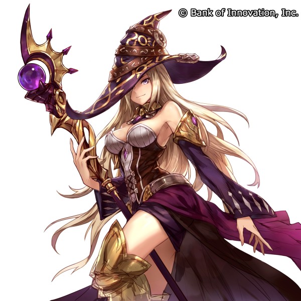 1girl bank_of_innovation bare_shoulders belt between_legs black_dress blonde_hair breasts cleavage closed_mouth copyright_name cryptract detached_collar detached_sleeves dress female greaves hair_over_one_eye hat highres holding holding_staff large_breasts looking_at_viewer official_art pencil_skirt purple_detached_sleeves purple_skirt simple_background skirt smile solo sorceress staff standing strapless strapless_dress very_long_hair violet_eyes white_background witch witch_hat