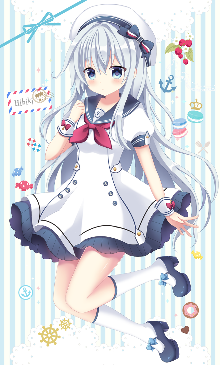 alternate_costume anchor_symbol blue_eyes character_name doughnut dress flat_cap food hat hibiki_(kantai_collection) kantai_collection kneehighs long_hair macaron mayo_(miyusa) sailor_dress silver_hair striped striped_background white_legwear