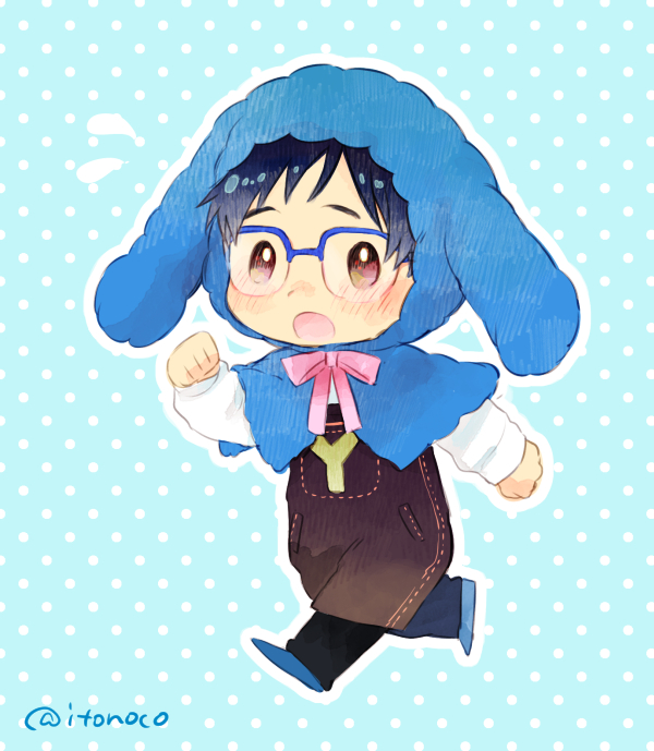 1boy animal_hood black_hair blue-framed_eyewear brown_eyes capelet chibi dog_hood glasses itonoko katsuki_yuuri male_focus polka_dot polka_dot_background ribbon running twitter_username yuri!!!_on_ice