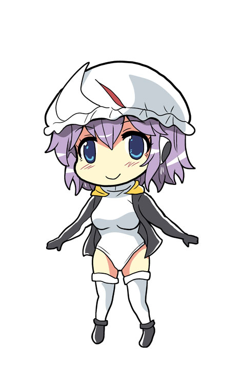 1girl blue_eyes breasts colonel_aki cosplay emperor_penguin_(kemono_friends) emperor_penguin_(kemono_friends)_(cosplay) hat headphones hood hood_down hoodie kemono_friends letty_whiterock long_sleeves looking_at_viewer movable open_clothes open_hoodie purple_hair short_hair smile solo thigh-highs touhou unitard white_background