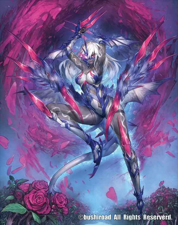 1girl bat_wings boots breasts cardfight!!_vanguard cleavage company_name covered_navel fangs flower glowing glowing_eye grey_skin leaf long_hair melon22 official_art one-eyed_succubus open_mouth petals pink_eyes rose solo tattoo white_hair wings