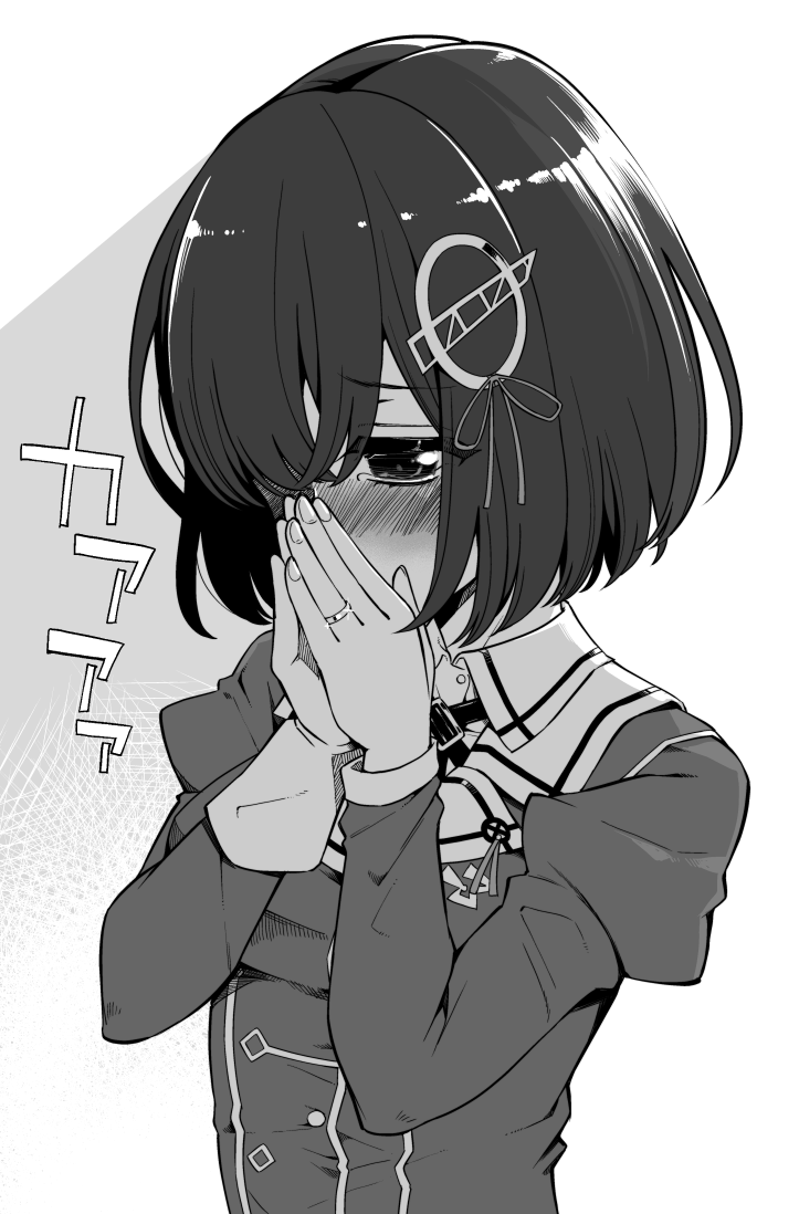 1girl blush haguro_(kantai_collection) hair_ornament hair_over_one_eye hanauna hands_over_mouth jewelry monochrome ring short_hair solo tearing_up wedding_band
