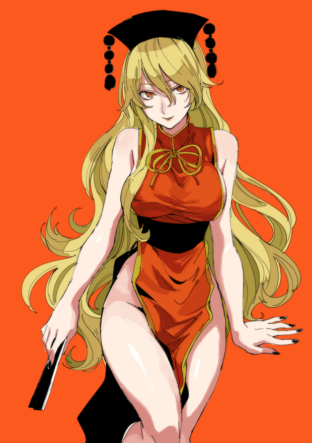 1girl adapted_costume aimai-me arm arm_support arms_at_sides bad_id bad_twitter_id bangs bare_arms bare_legs bare_shoulders black_hat black_nails blonde_hair breasts china_dress chinese_clothes closed_fan commentary_request dress fan female fingernails folding_fan groin hair_between_eyes hat highres holding holding_fan junko_(touhou) large_breasts legs lips looking_at_viewer mature nail_polish naked_tabard orange_background orange_eyes parted_lips pelvic_curtain side_slit simple_background sitting sketch sleeveless sleeveless_dress smile solo tabard thighs touhou very_long_hair wavy_hair
