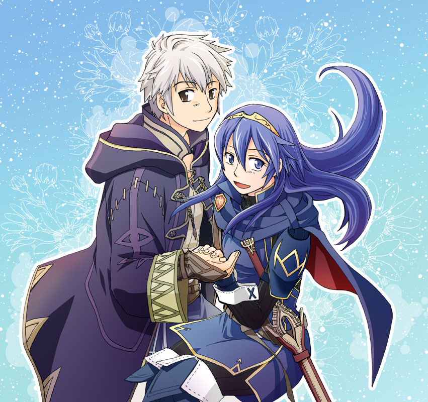 1boy 1girl blue_eyes blue_hair cape falchion_(fire_emblem) fingerless_gloves fire_emblem fire_emblem:_kakusei gloves hood long_hair looking_at_viewer lucina male_my_unit_(fire_emblem:_kakusei) my_unit_(fire_emblem:_kakusei) open_mouth short_hair smile tiara white_hair