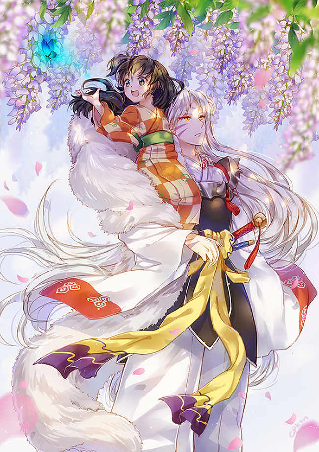 1boy 1girl armor black_hair brown_eyes carrying cat_princess facial_mark forehead_mark fur inuyasha japanese_clothes kimono long_hair petals pointy_ears rin_(inuyasha) sesshoumaru shoulder_carry silver_hair sitting_on_shoulder sword weapon yellow_eyes