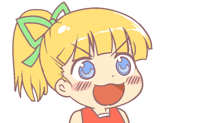 &gt;:3 1girl :3 bangs bare_shoulders blonde_hair blunt_bangs blush blush_stickers chibi dot_nose dress eyebrows_visible_through_hair green_ribbon gyate_gyate hair_ribbon ikiyouz long_hair looking_at_viewer lowres open_mouth ponytail red_dress ribbon rockman rockman_(classic) roll simple_background sleeveless sleeveless_dress smile solo transparent_background upper_body