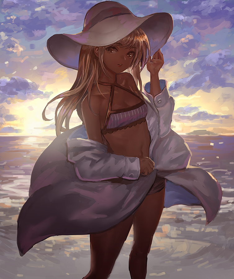 1girl bangs bare_legs bare_shoulders bikini breasts brown_eyes brown_hair cleavage clouds cloudy_sky coat commentary_request danann eyebrows_visible_through_hair halterneck hand_on_headwear hat head_tilt horizon legs_apart long_hair long_sleeves looking_at_viewer morning navel ocean off_shoulder open_clothes open_coat open_mouth original sketch sky small_breasts solo standing stomach striped sun_hat sunlight sunrise swimsuit vertical-striped_bikini vertical_stripes water white_coat white_hat