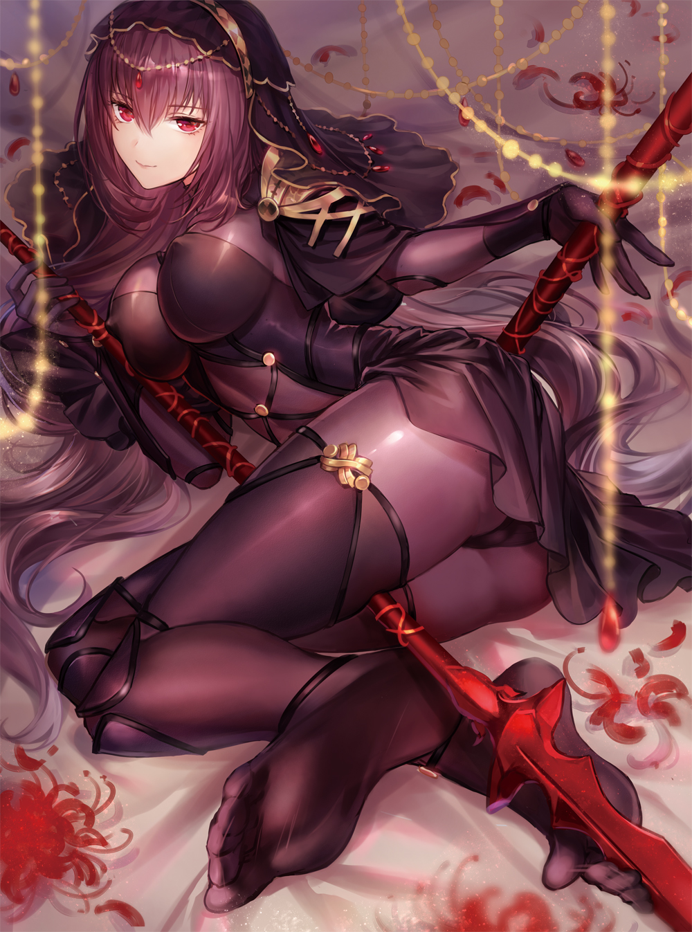 1girl ass bangs between_legs bodysuit breasts closed_mouth erect_nipples eyebrows_visible_through_hair fate/grand_order fate_(series) feet gae_bolg hair_between_eyes highres imi_fumei large_breasts legs light_smile long_hair looking_at_viewer lying on_side polearm purple_bodysuit purple_hair red_eyes scathach_(fate/grand_order) smile soles solo spear thighs toes veil weapon