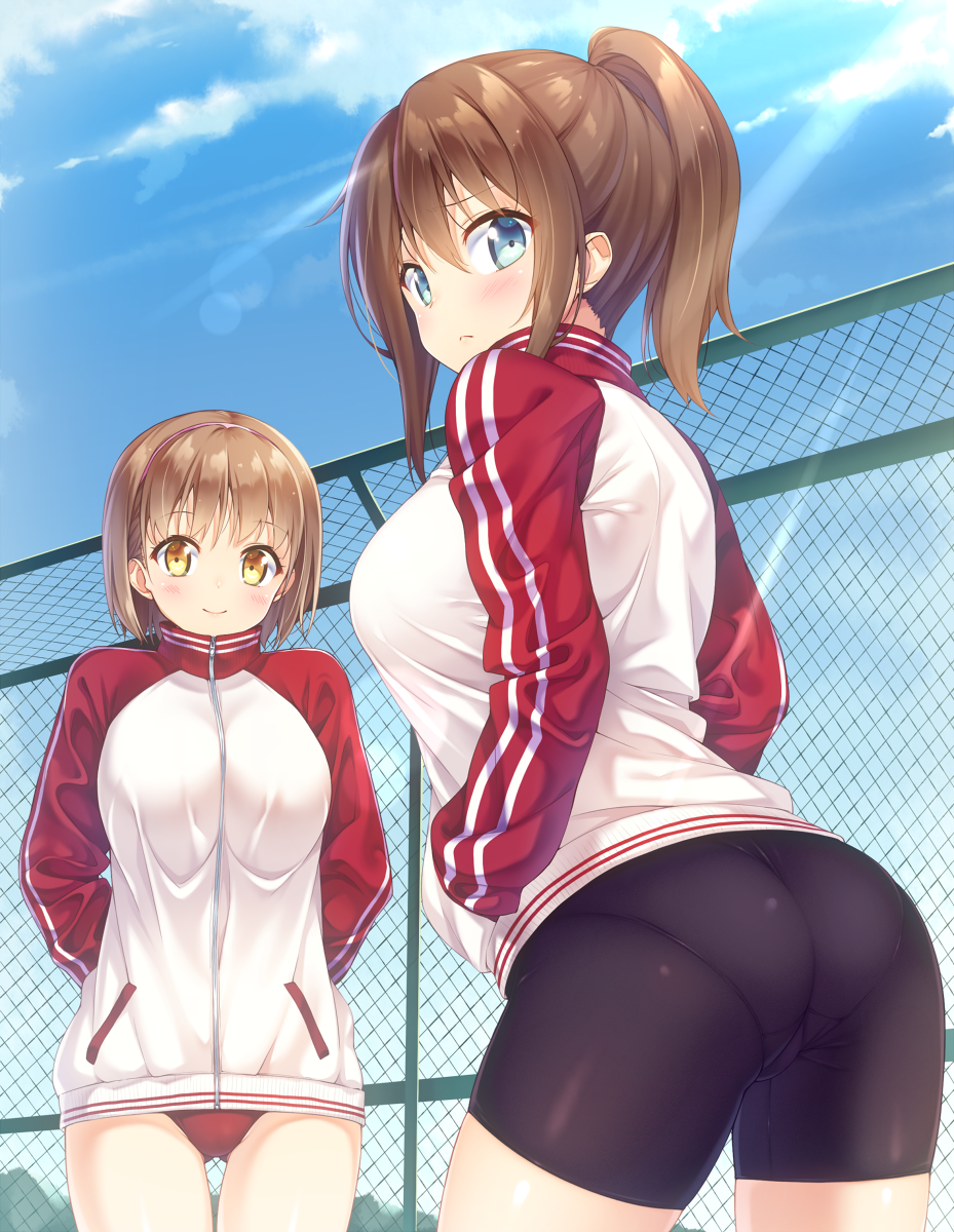 2girls ass bike_shorts blue_eyes blue_sky blush breasts brown_hair buruma chain-link_fence contrapposto cowboy_shot day fence from_behind gluteal_fold hairband hands_in_pockets highres ichi_makoto jacket large_breasts leaning_forward looking_back multiple_girls original pantylines ponytail short_hair sky smile sunlight taut_clothes thigh_gap track_jacket yellow_eyes