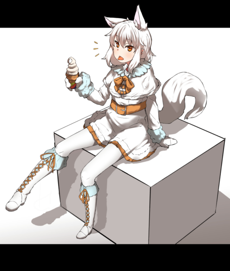 /\/\/\ 1girl :p albino amonitto animal_ears arctic_fox_(kemono_friends) arm_at_side arm_warmers belt black_background boots brown_belt brown_ribbon capelet commentary_request cross-laced_clothes cube dress extra_ears eyebrows_visible_through_hair eyelashes food fox_ears fox_tail full_body fur-trimmed_capelet fur-trimmed_dress fur_trim gloves holding holding_food ice_cream ice_cream_cone kemono_friends knee_boots long_hair long_sleeves looking_at_viewer multicolored multicolored_background neck_ribbon open_mouth pantyhose red_eyes ribbon shadow shoelaces sidelocks sitting solo tail tongue tongue_out tsurime two-tone_background vanilla_ice_cream white_background white_boots white_capelet white_dress white_footwear white_gloves white_hair white_legwear