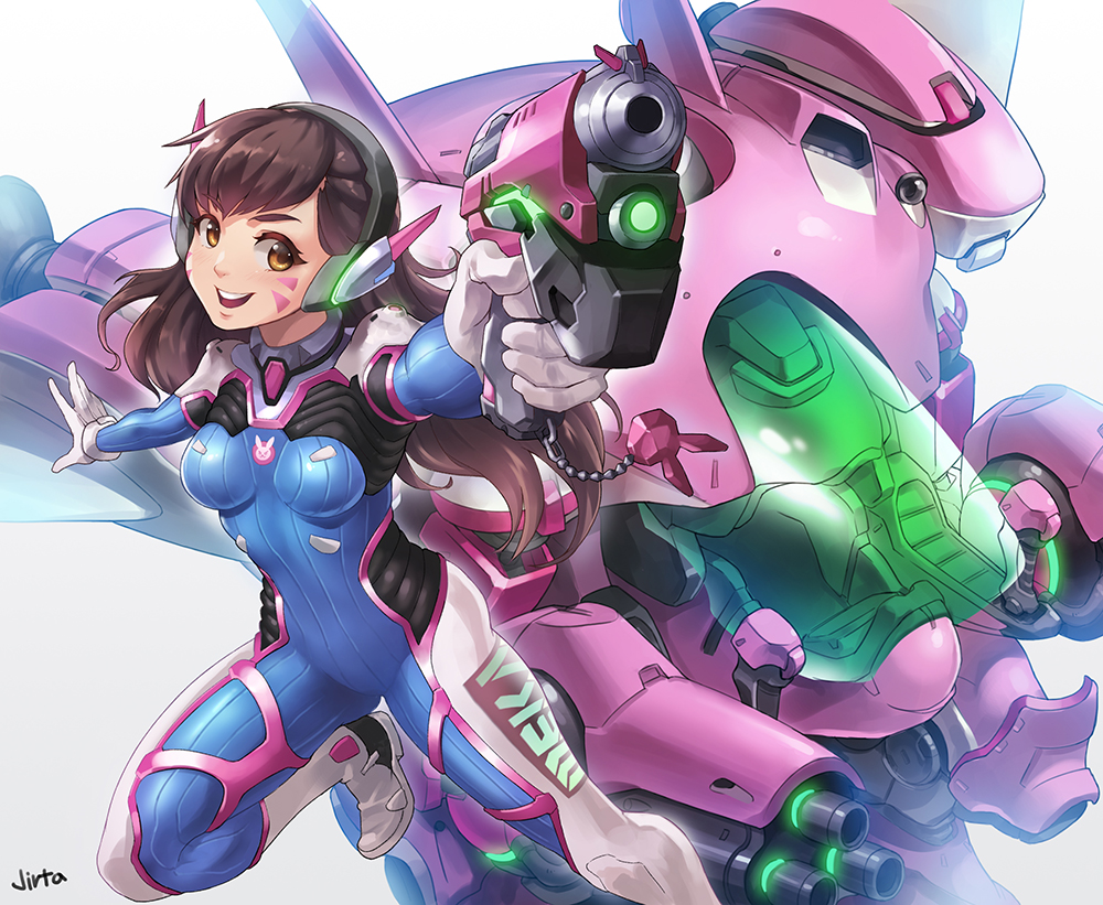 1girl :d acronym animal_print arm_cannon artist_name bangs blue_bodysuit bodysuit boots bracer breasts breasts_apart brown_eyes brown_hair bunny_print charm_(object) clothes_writing d.va_(overwatch) eyebrows_visible_through_hair facepaint facial_mark finger_on_trigger gatling_gun gloves gun handgun hands_up headphones holding holding_gun holding_weapon knee_pads leg_up long_hair long_sleeves mecha medium_breasts meka_(overwatch) nose one_leg_raised open_mouth outstretched_arms overwatch pauldrons pilot_suit pointing ribbed_bodysuit round_teeth shoulder_pads simple_background skin_tight smile solo standing standing_on_one_leg sungguk_lee teeth thigh-highs thigh_boots thigh_strap turtleneck upper_teeth weapon whisker_markings white_background white_boots white_gloves