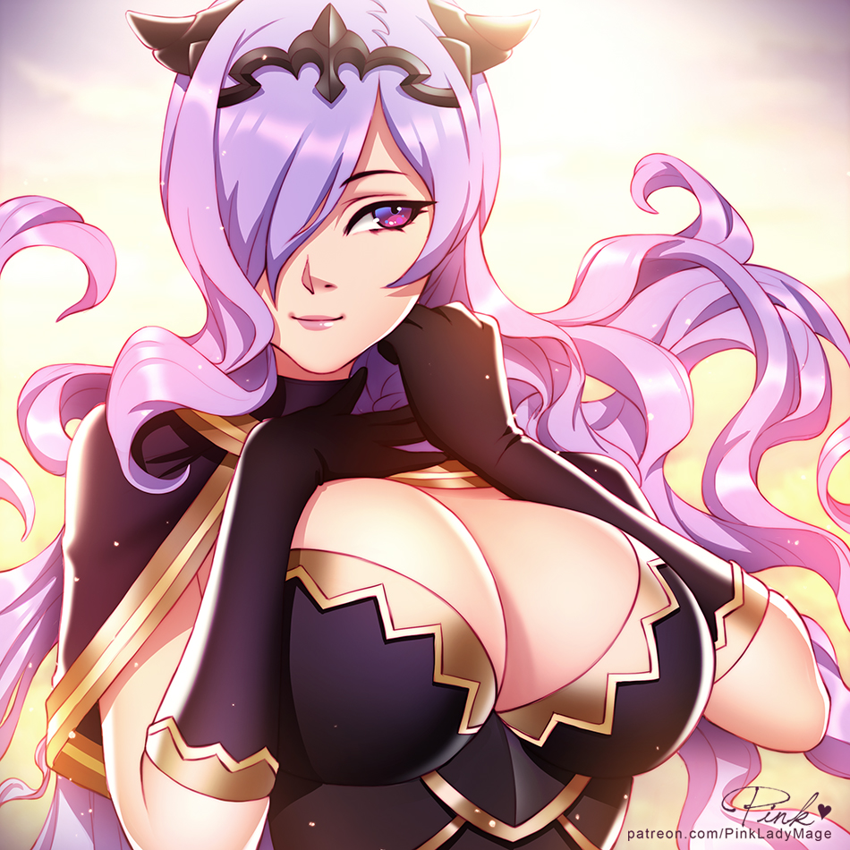 1girl breasts camilla_(fire_emblem_if) capelet cleavage closed_mouth elbow_gloves fire_emblem fire_emblem_if gloves hair_over_one_eye large_breasts lips long_hair looking_at_viewer parted_lips pink_lady_mage purple_hair shiny shiny_clothes shiny_hair sidelocks smile solo tiara upper_body very_long_hair violet_eyes wavy_hair yellow_background