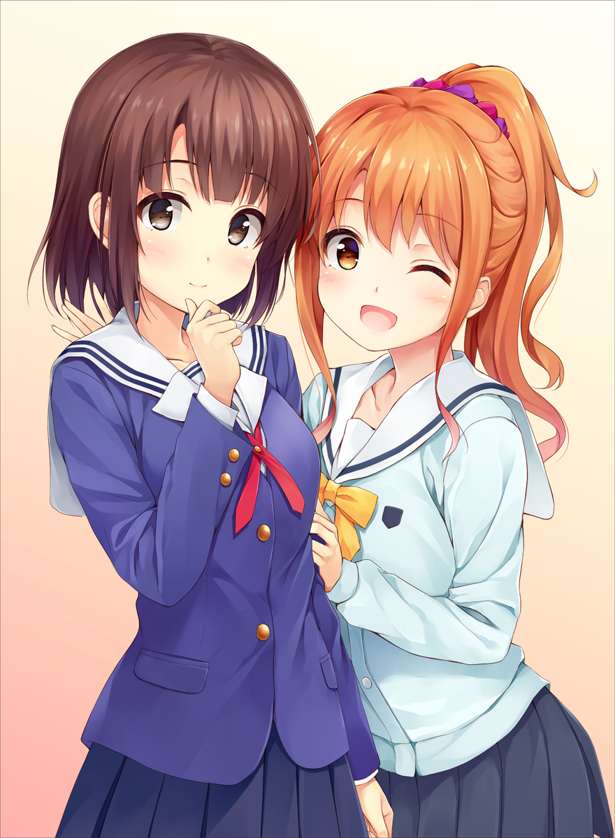 2girls bangs blue_jacket blue_skirt blush bow breasts brown_eyes brown_hair closed_mouth commentary_request eromanga_sensei eyebrows_visible_through_hair gradient gradient_background hair_ornament hair_scrunchie hand_on_another's_arm hand_on_another's_shoulder highres jacket jinno_megumi katou_megumi long_hair long_sleeves looking_at_viewer medium_breasts multiple_girls namesake one_eye_closed open_mouth pasdar pleated_skirt ponytail saenai_heroine_no_sodatekata sailor_collar school_uniform scrunchie short_hair skirt smile standing yellow_bow