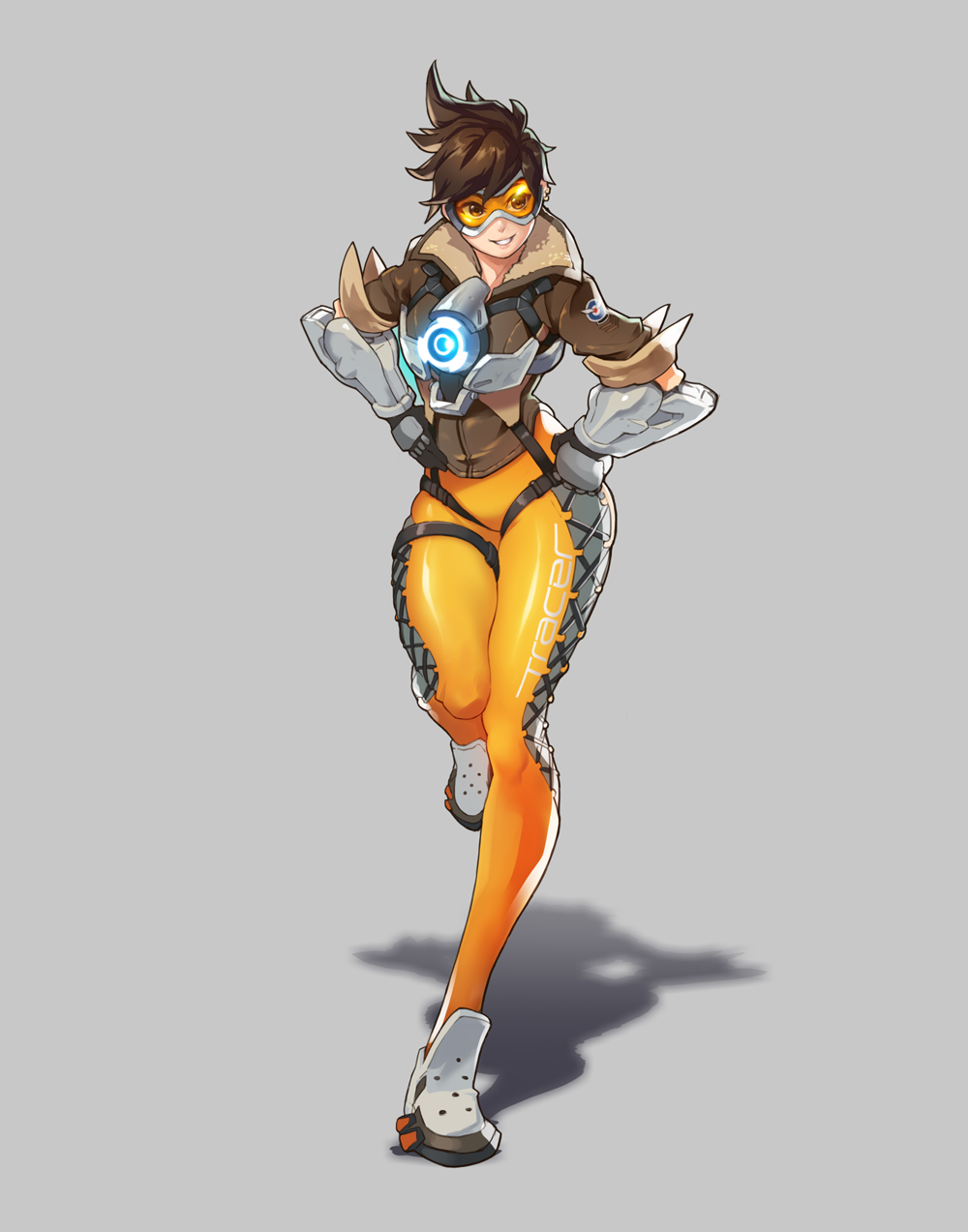 1girl bangs bodysuit bomber_jacket brown_eyes brown_gloves brown_hair brown_jacket character_name clothes_writing cross-laced_clothes cross-laced_legwear ear_piercing full_body fur_trim gloves goggles grey_background grin hands_on_hips harness highres jacket leather leather_jacket one_leg_raised orange_bodysuit overwatch pants piercing shadow shoes short_hair short_sleeves simple_background sleeves_rolled_up smile solo spiky_hair sungguk_lee swept_bangs teeth thigh_strap thighs tight tight_pants tracer_(overwatch) vambraces