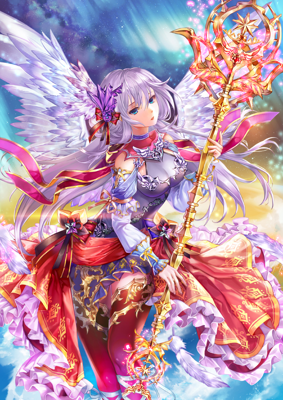 1girl angel angel_wings blue_eyes blue_sky breasts clouds detached_sleeves frilled_skirt frills full_body hair_ornament highres holding holding_staff medium_breasts original parted_lips pink_legwear shente_(sharkpunk) silver_hair skirt sky solo staff tagme thigh-highs white_wings wings
