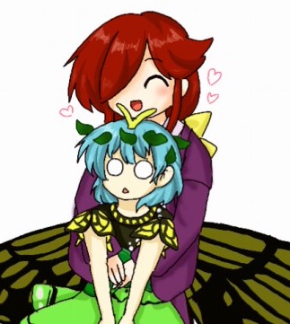 2girls ^_^ blue_hair closed_eyes etarnity_larva hatsuki_(pixiv14220685) heart hug hug_from_behind japanese_clothes kotohime lowres multiple_girls no_pupils o_o redhead surprised touhou touhou_(pc-98) wings