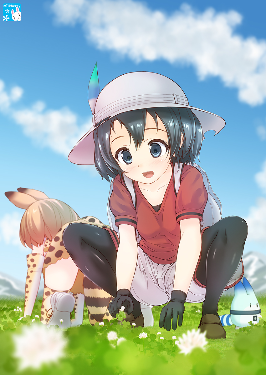 2girls :3 :d all_fours animal_ears animal_print ankle_boots artist_name bare_shoulders black_gloves black_hair black_legwear blue_eyes blue_sky blurry blush blush_stickers boots brown_footwear brown_shoes bucket_hat clouds clover clover_(flower) collarbone dandelion day depth_of_field elbow_gloves facing_away field floral_print flower four-leaf_clover from_below full_body gloves grass grey_hat hat hat_feather high-waist_skirt highres kaban_(kemono_friends) kemono_friends kisaragi_miyu loafers looking_at_viewer looking_down lucky_beast_(kemono_friends) multiple_girls open_mouth orange_hair outdoors pantyhose print_gloves print_legwear print_skirt rabbit red_shirt serval_(kemono_friends) serval_ears serval_tail shirt shoe_soles shoelaces shoes short_hair short_sleeves shorts skirt sky sleeve_cuffs sleeveless sleeveless_shirt smile spread_legs squatting striped_tail tail tareme teeth thigh-highs upper_teeth white_boots white_footwear white_shirt zettai_ryouiki |_|