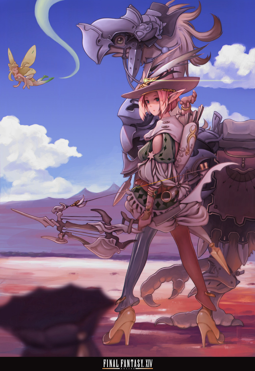 1girl arrow barding blue_eyes blue_sky bow_(weapon) brown_hair chocobo clouds cloudy_sky copyright_name day elezen elf eos_(ff14) fairy final_fantasy final_fantasy_xiv from_behind full_body hat high_heels highres holding holding_bow_(weapon) holding_weapon jey_rain jpeg_artifacts looking_at_viewer looking_back mismatched_legwear mountain outdoors pants pointy_ears quiver short_hair shorts sky solo standing talons weapon yellow_shorts