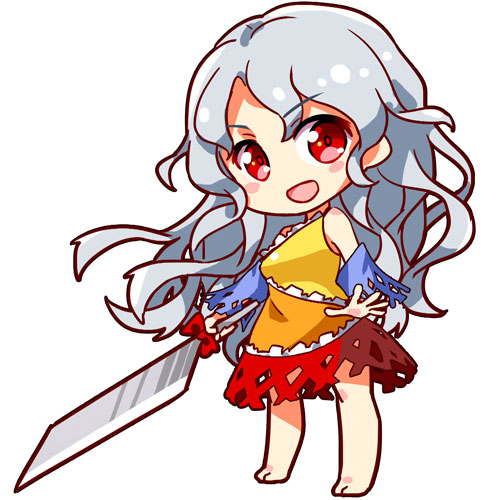 1girl bare_shoulders barefoot blouse blush_stickers breasts chibi cleaver detached_sleeves full_body hidden_star_in_four_seasons long_hair looking_at_viewer lowres open_mouth red_eyes renren_(ah_renren) sakata_nemuno silver_hair simple_background single_strap skirt solo touhou wavy_hair white_background