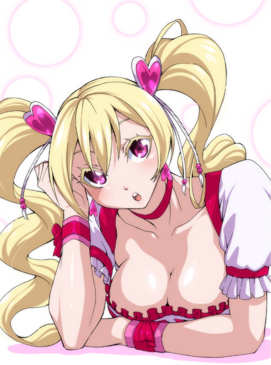 1girl :o arm_rest arm_support blonde_hair breasts choker cleavage collarbone cure_peach dirndl dress earrings female fresh_precure! frilled_dress frills hair_ornament head_tilt heart heart_earrings heart_hair_ornament highres jewelry large_breasts long_hair looking_at_viewer lying magical_girl momozono_love neck on_stomach open_mouth ozaneko pink_eyes precure puffy_short_sleeves puffy_sleeves red_choker round_teeth short_sleeves solo teeth twintails upper_body wristband
